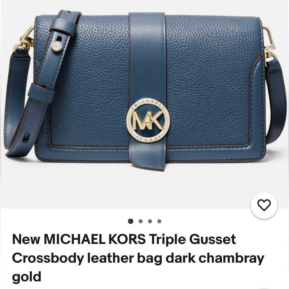 New Michael Kors Denim Blue Pebbled Leather Crossbody with Gold MK Emblem - Picture 2 of 10